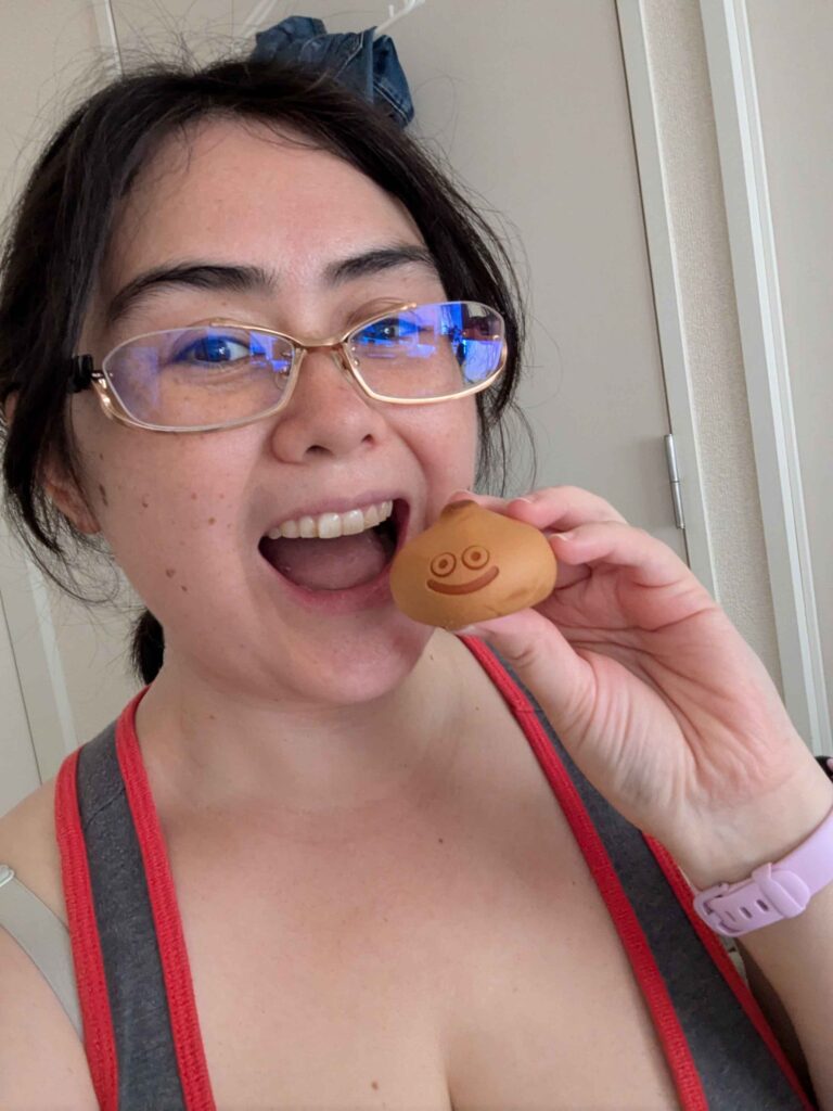 Me about to bite into the Slime Manju.